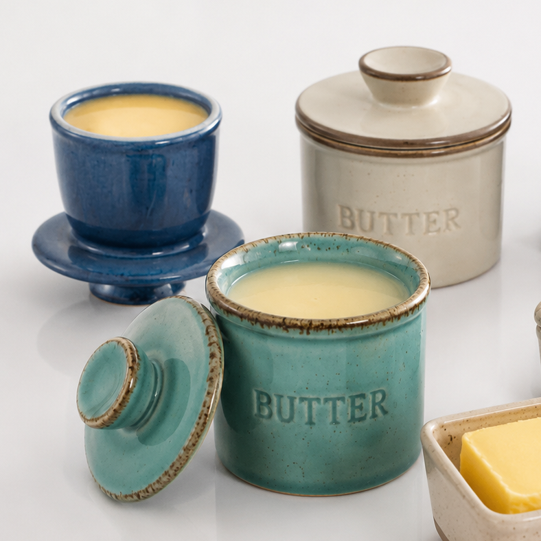 Collection of ceramic butter dishes with a block of butter on a white background