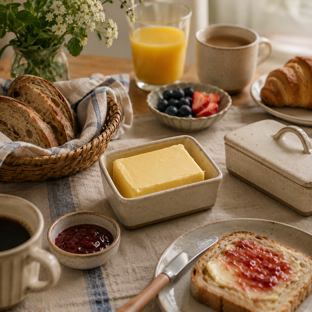 Speckled Stoneware Butter Dish – Cream with Lid on a breakfast table