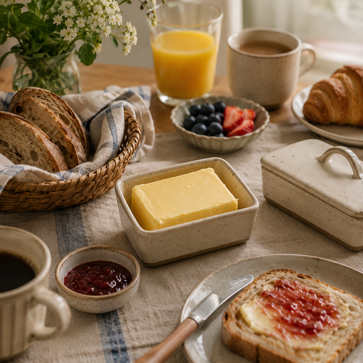 Speckled Stoneware Butter Dish – Cream with Lid on a breakfast table