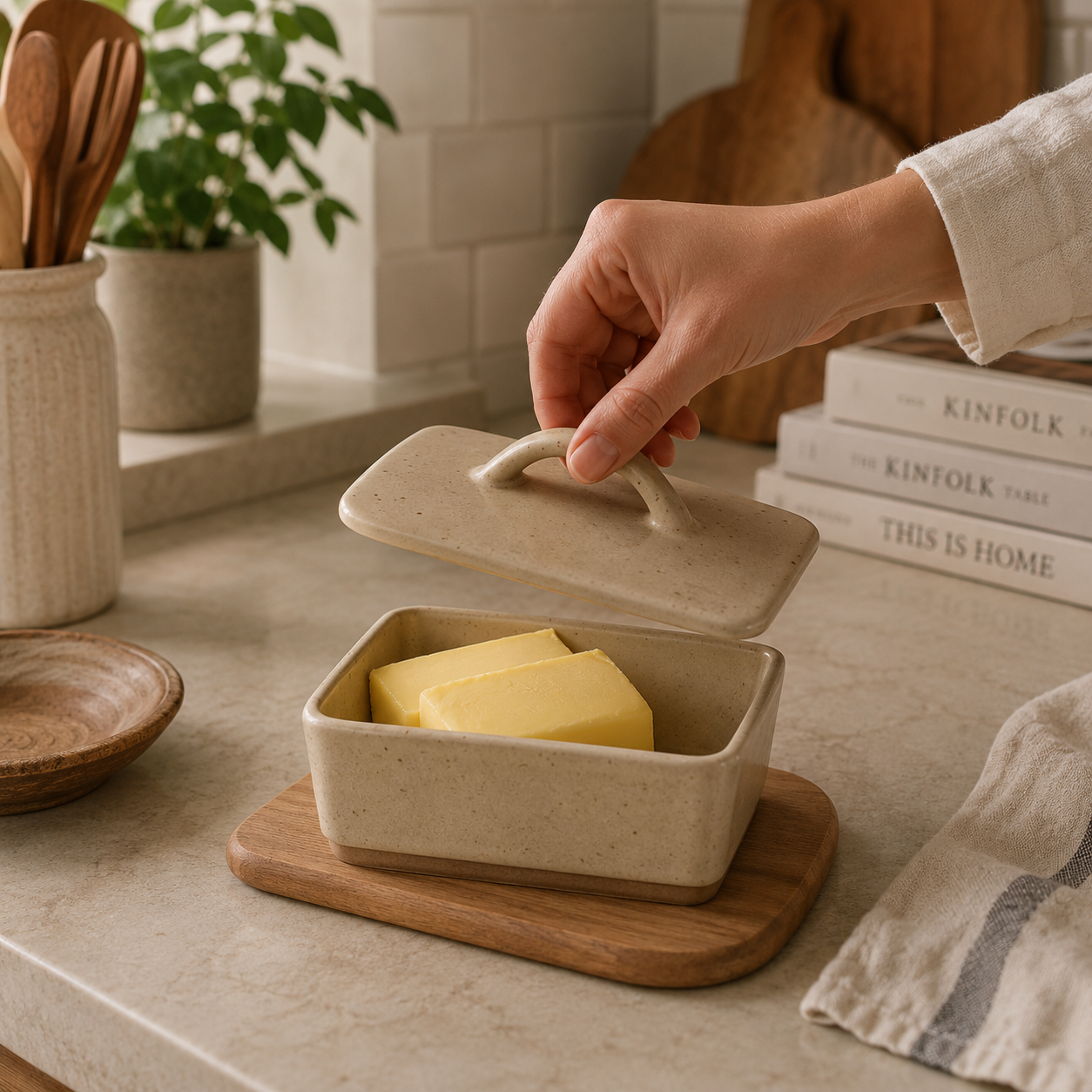 Butter dish with butter in it in ceramic box. in a nice open kitchen and hand taking the lid off. 