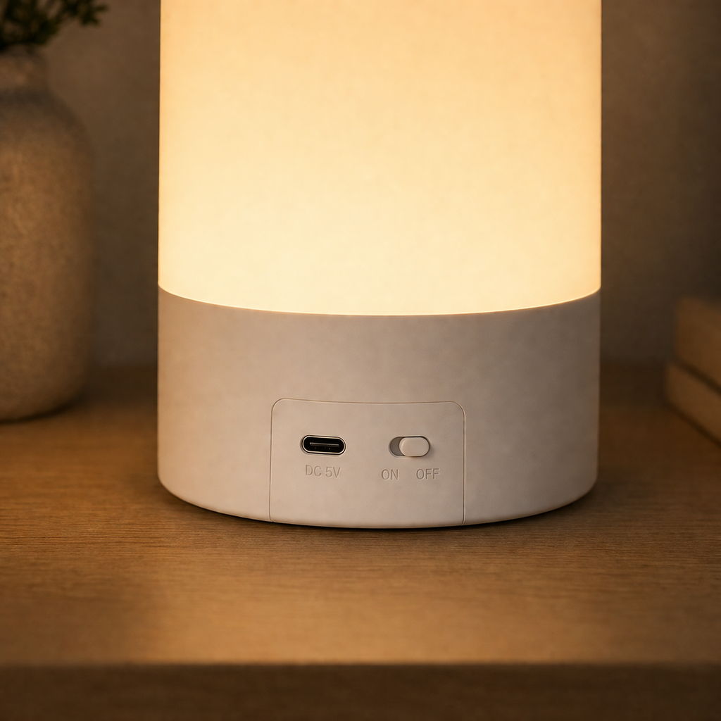 Futuristic lamp with USB port and power switch on a wooden surface