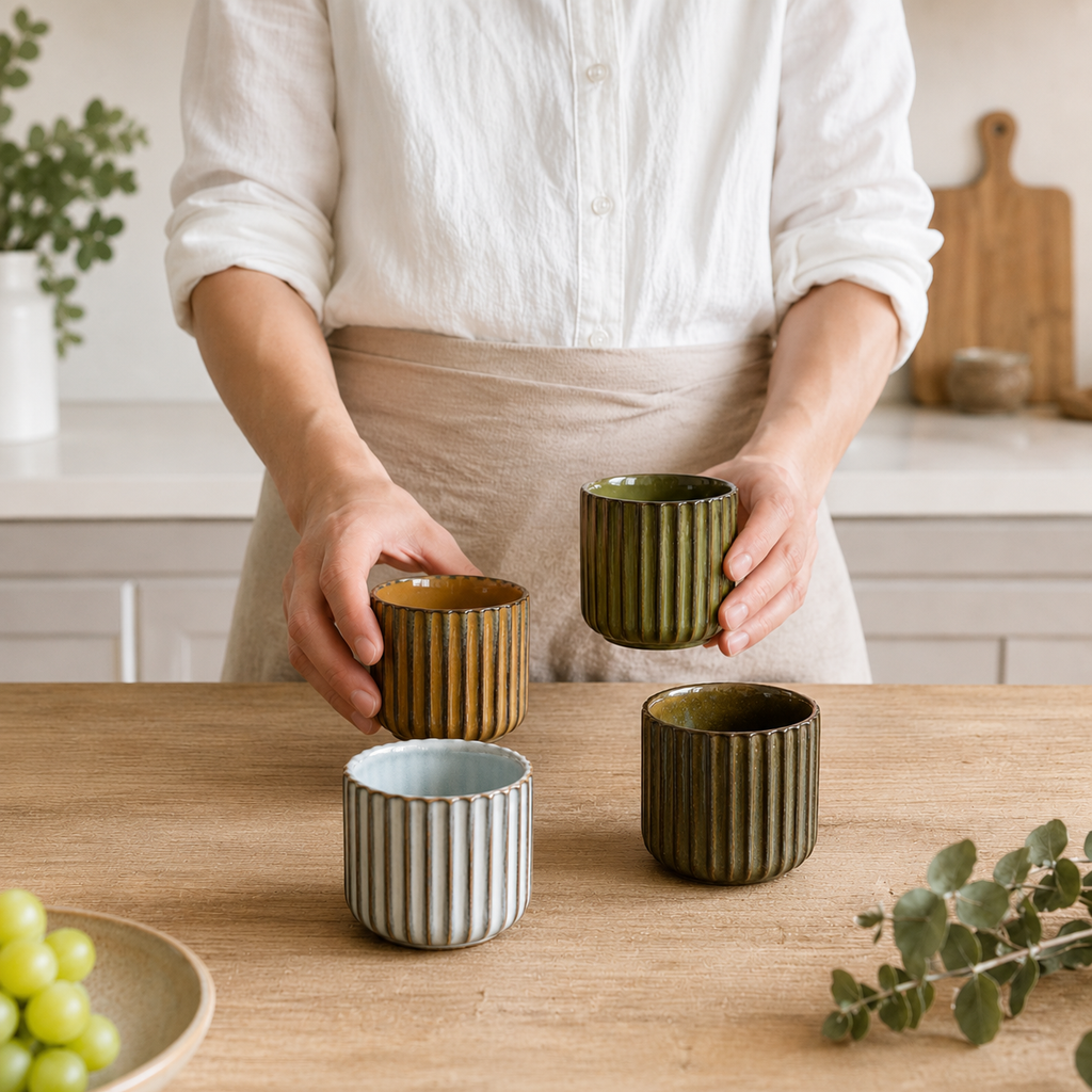 Person holding ceramic cups on a wooden table with a kitchen background