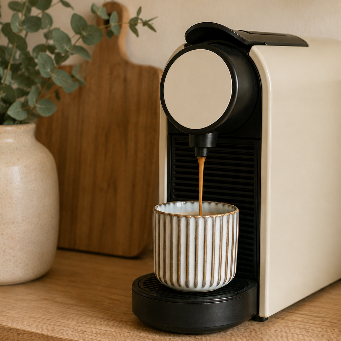 Nespresso coffee machine dispensing coffee into a striped cup on a wooden surface.