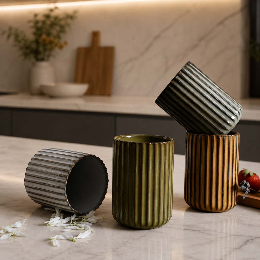 Three ribbed ceramic cups on a kitchen counter with a blurred background