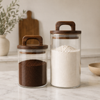 Two glass jars with wooden lids, one containing coffee and the other flour, on a marble surface.