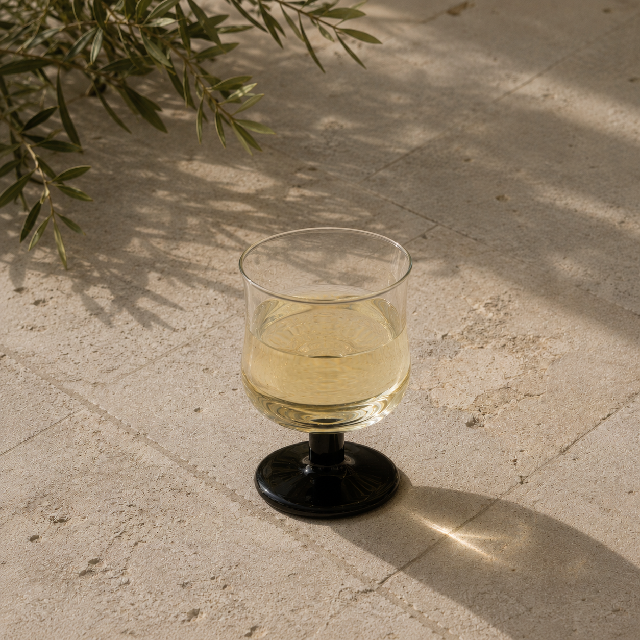 Glass of white wine on a stone surface with olive branches