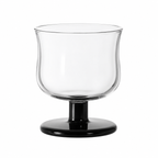 Clear glass candle holder with black base on a white background