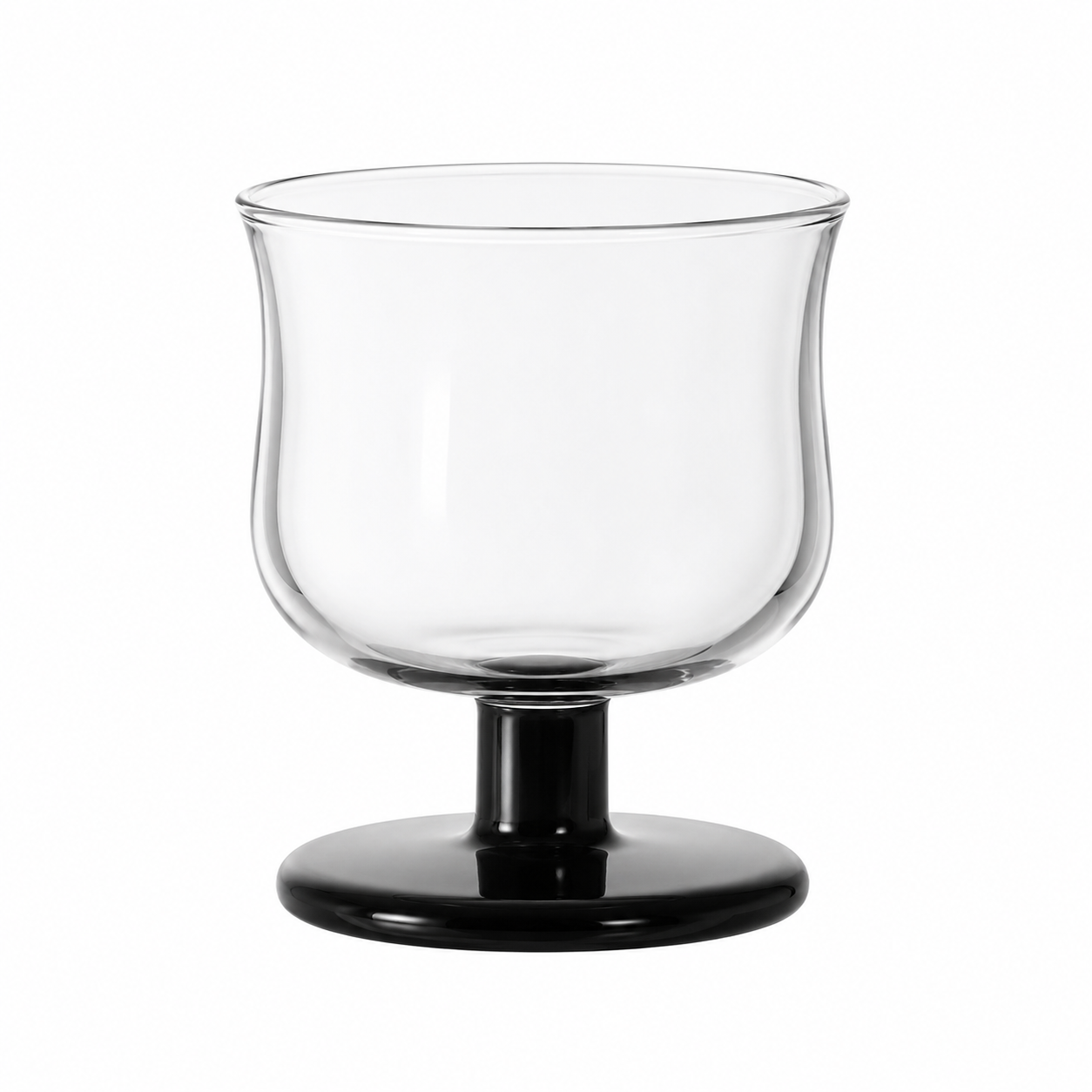 Clear glass candle holder with black base on a white background