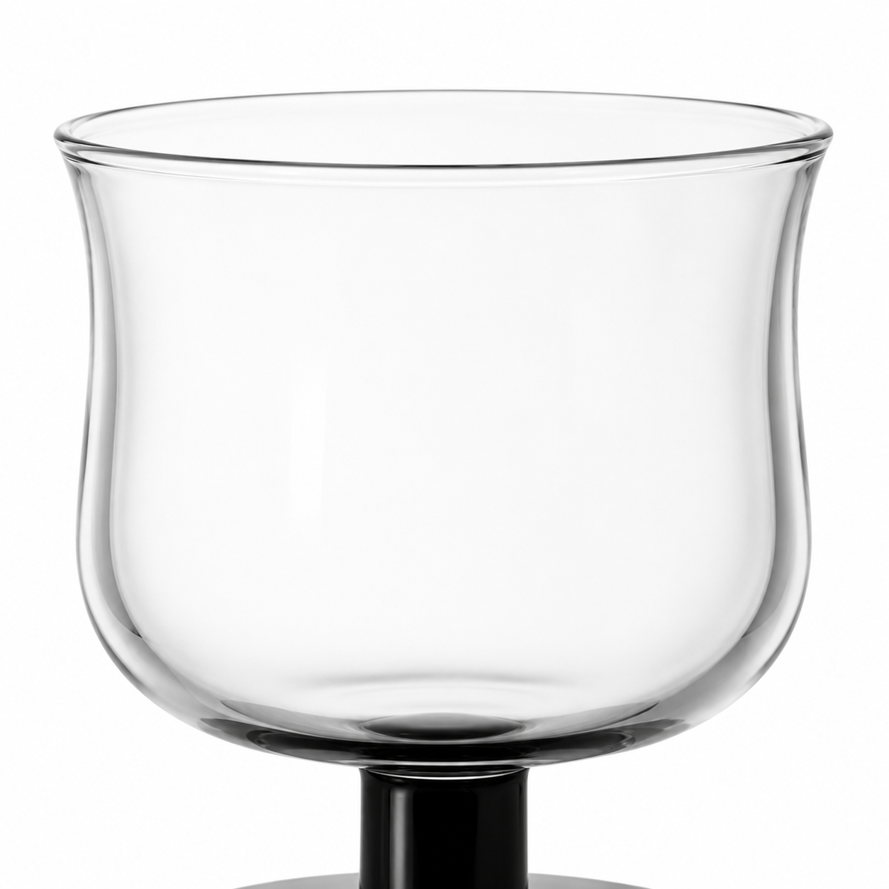 Clear glass bowl with black base on a white background