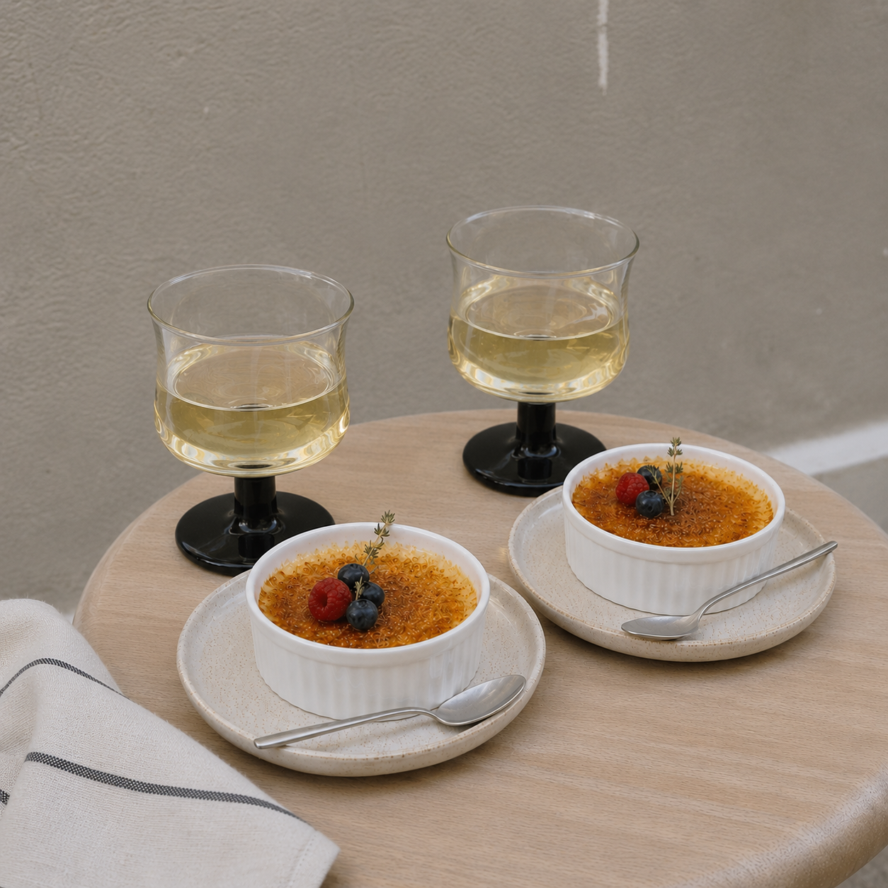 Two bowls of crème bréleé with glasses of white wine on a wooden table.