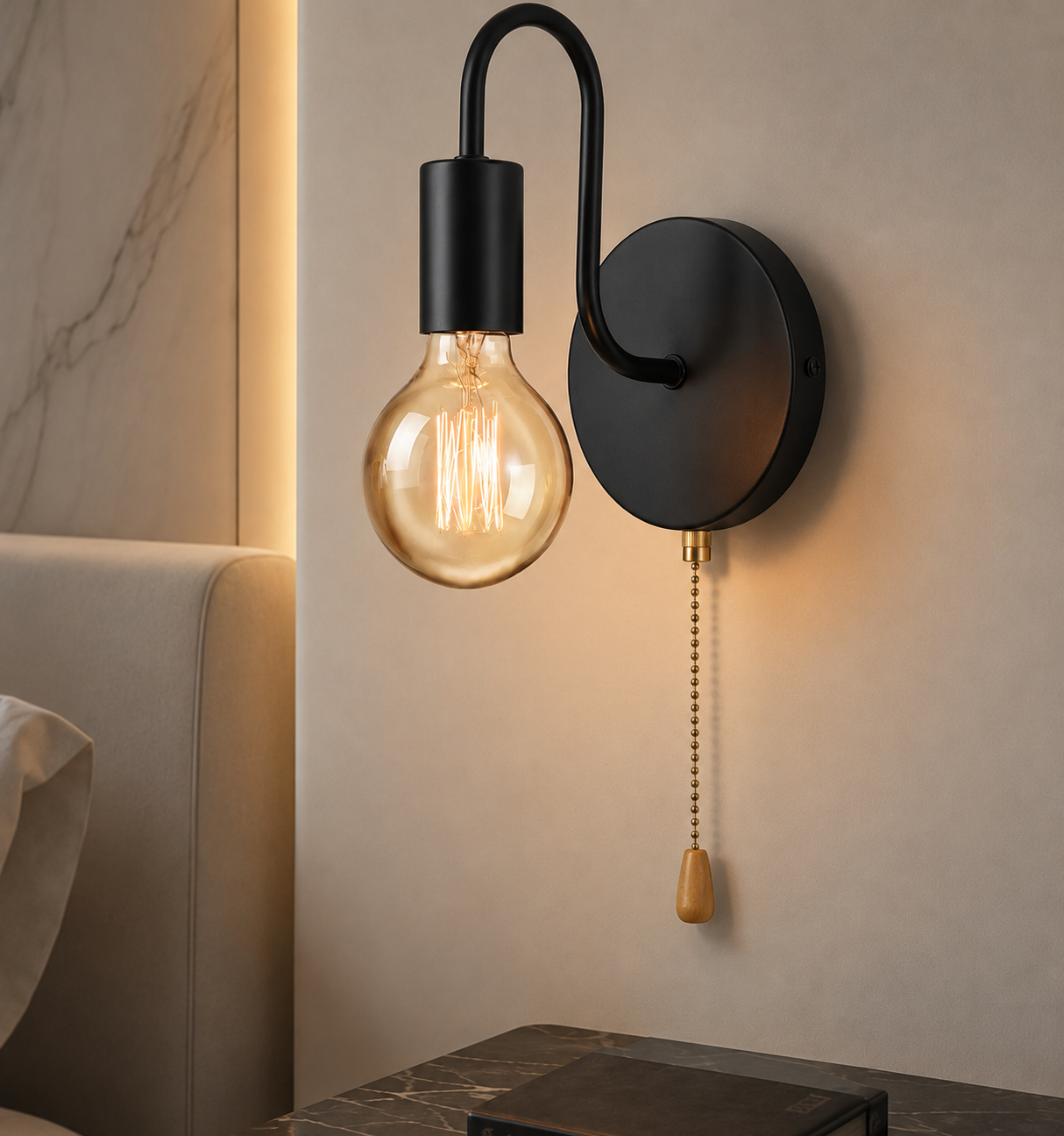 Minimalist Iron Wall Sconce with Pull Chain – E27 Industrial Style Bedside Wall Light in Matte Black Foryuni