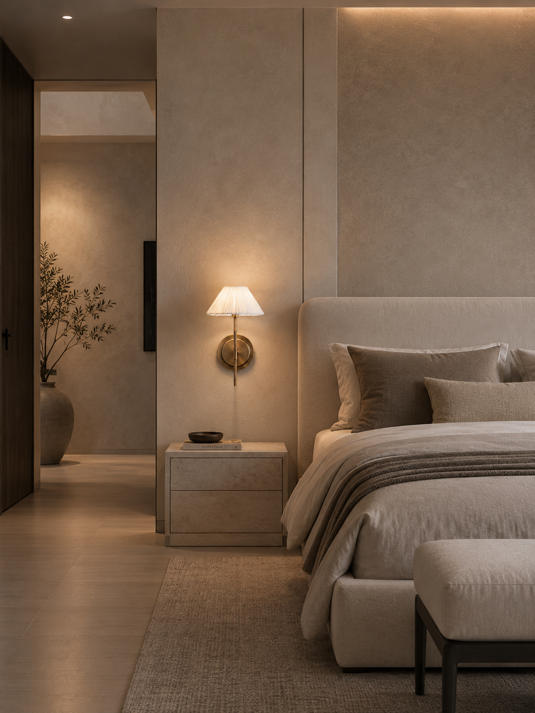 Modern bedroom with neutral tones, bed, nightstand, and wall lamp.