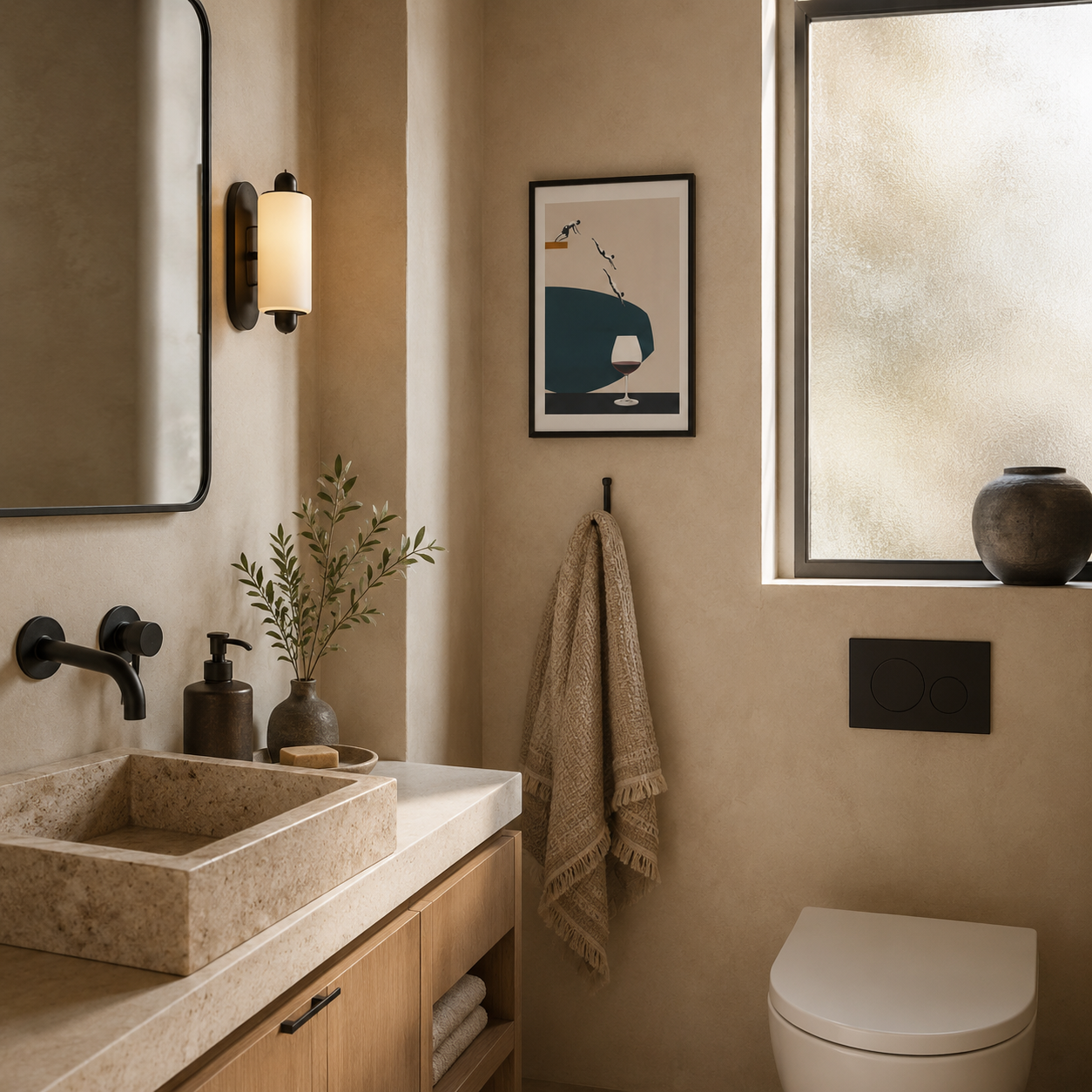 Bathroom interior with a sink, towel, and decor elements.