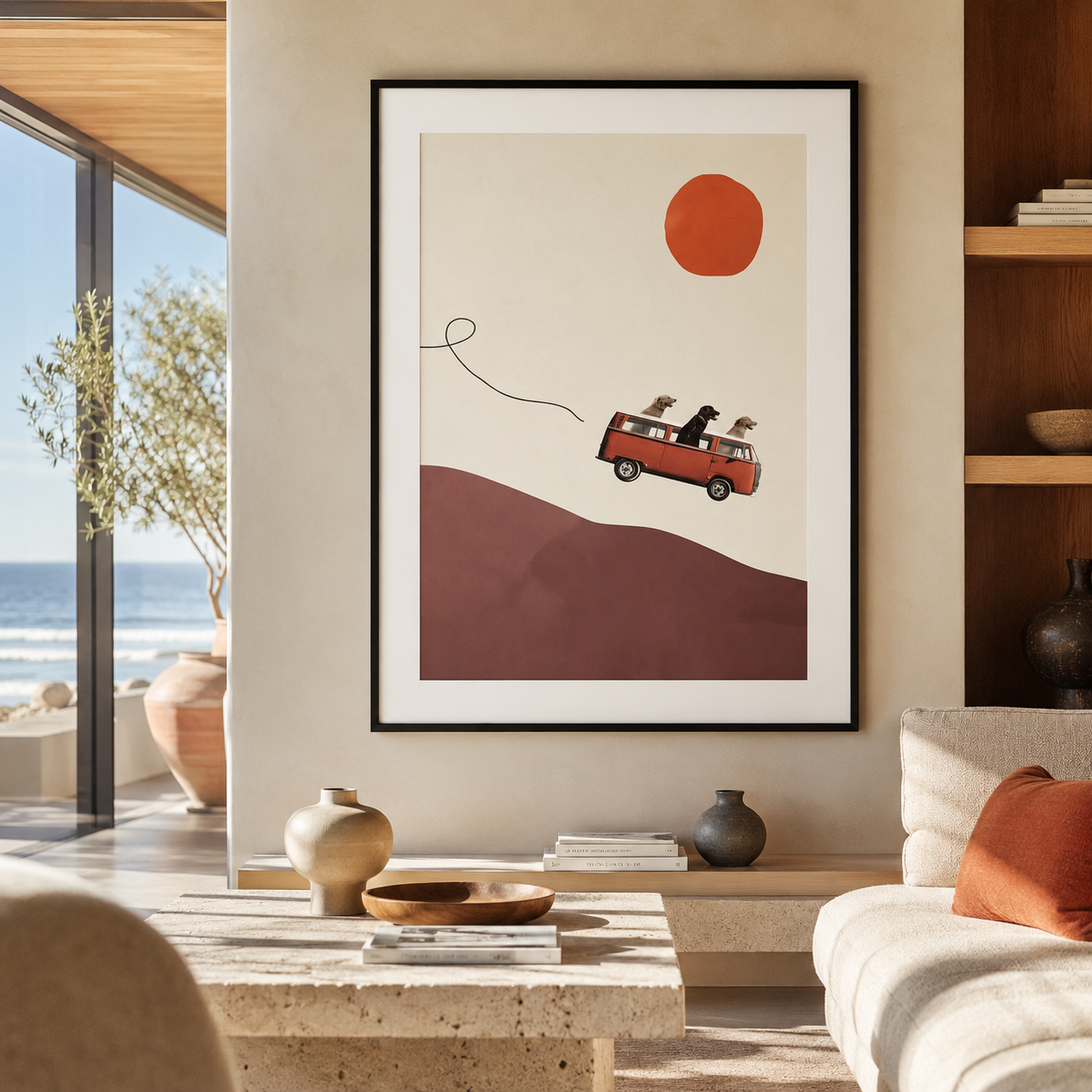Dogs Riding a Red Van Downhill – Art Print Unframed Foryuni