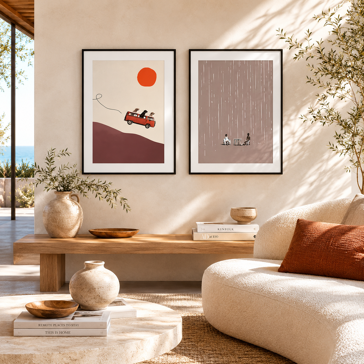 Dogs Riding a Red Van Downhill – Art Print Unframed Foryuni