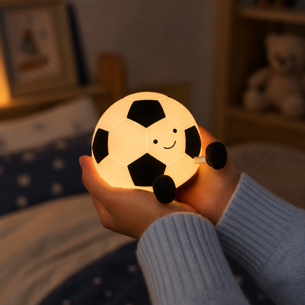 Hand holding a soccer ball-shaped night light with a smiley face in a cozy room.