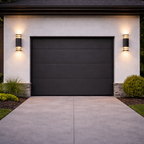 Modern garage door with wall lights on a house exterior
