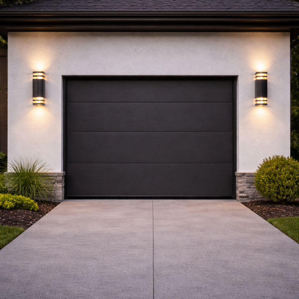 Modern garage door with wall lights on a house exterior
