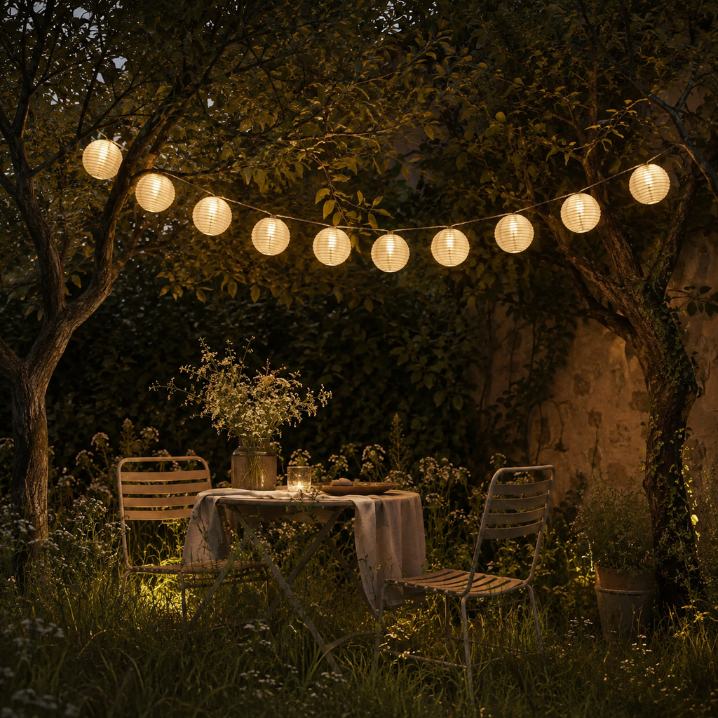 Outdoor setting with string lights, table, and chairs in a garden.
