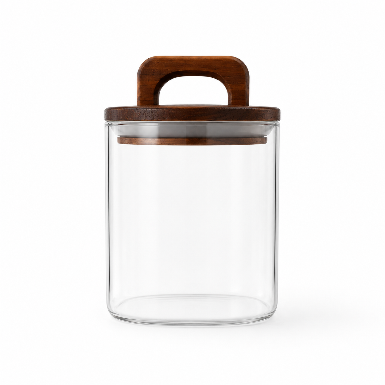 Cylindrical glass canister with wooden lid for pantry and kitchen storage