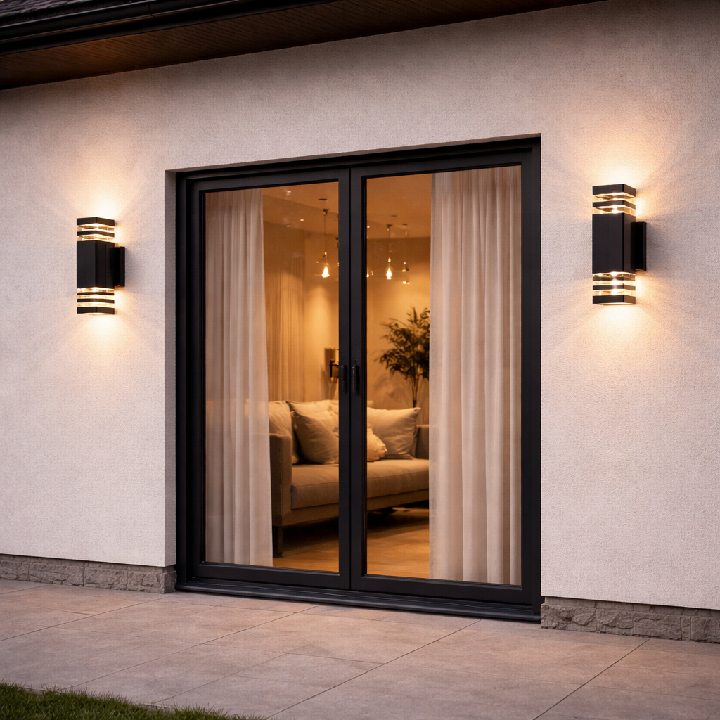 Modern sliding glass door with black frame and wall lights on a beige wall.