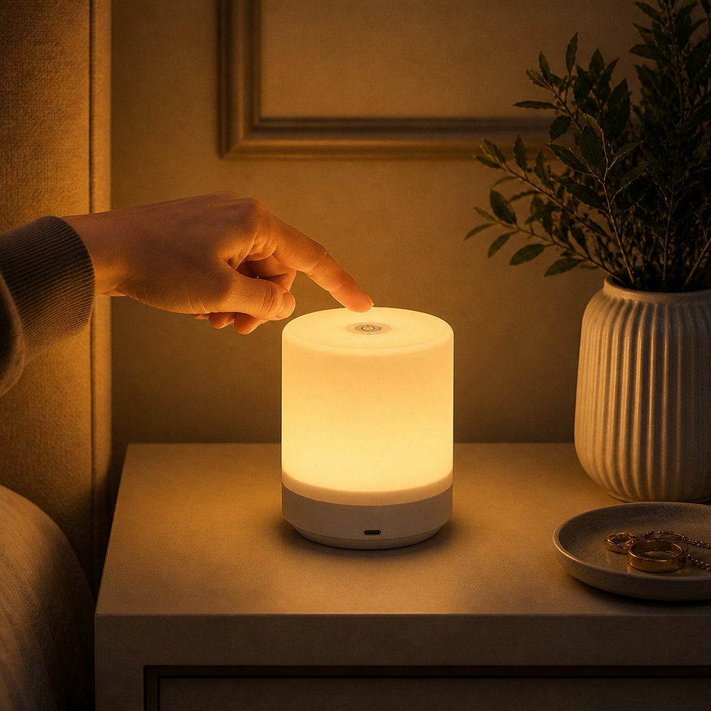 Hand touching a glowing night light on a bedside table with a plant and decorative items in the background.