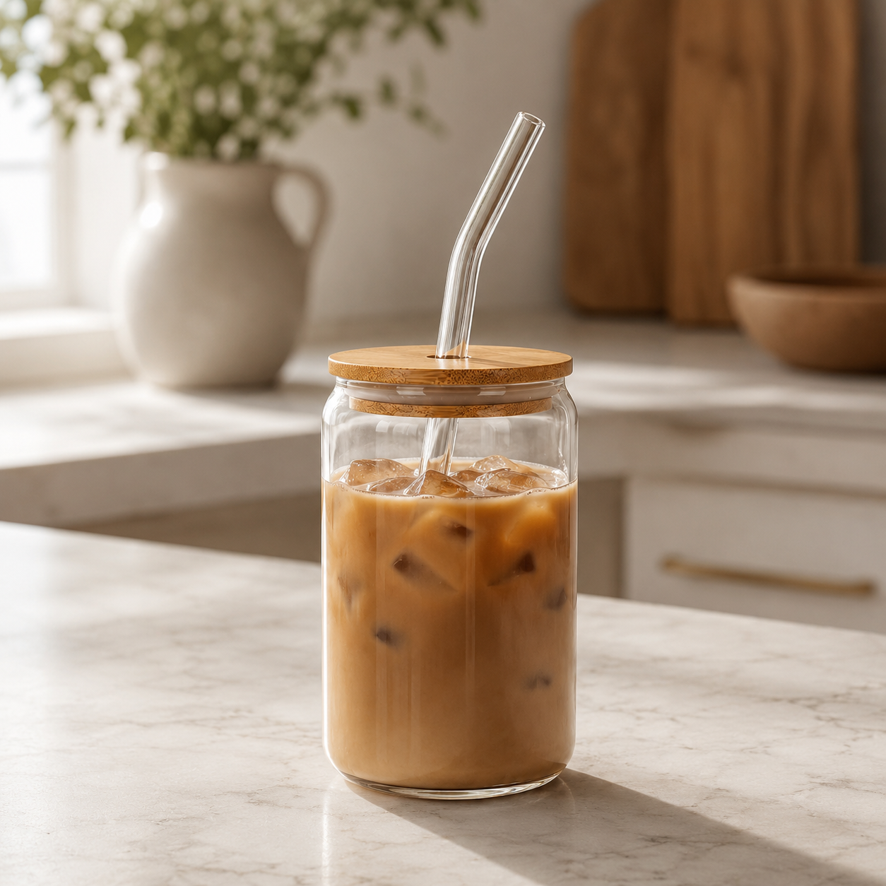 Reusable Iced Coffee Glass with Lid and Straw – Clear Transparent Cup for Cold Brew Foryuni
