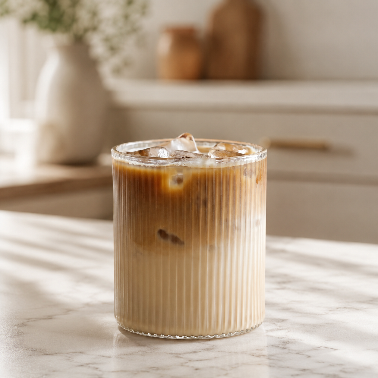 Ribbed Iced Coffee Glass – Transparent Textured Drinking Glass, Cold Brew Glass Foryuni