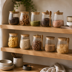 Wooden shelves with glass jars containing various food items and kitchen utensils.