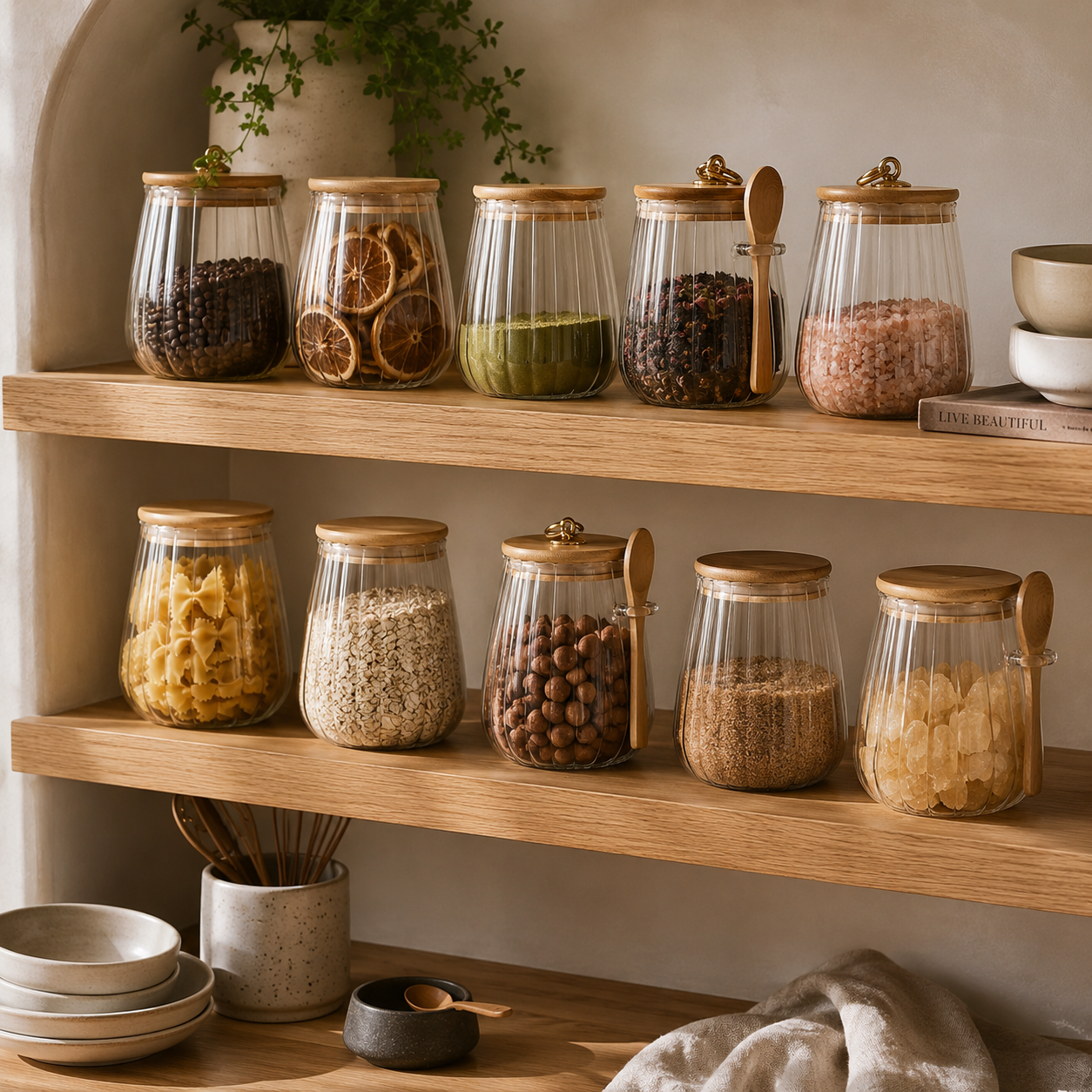Wooden shelves with glass jars containing various food items and kitchen utensils.