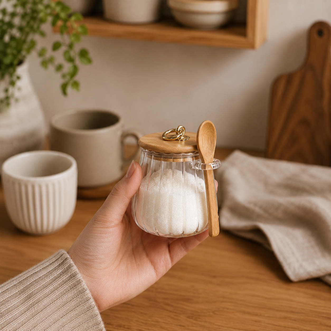 Hand holding a glass jar with a wooden spoon on a wooden surface with kitchen items in the background.