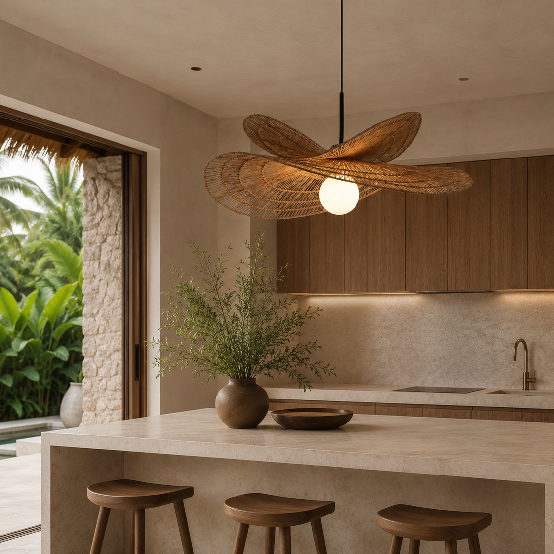 Woven Double Tiered Pendant Light Jute Ceiling lamp in a nice open air kitchen.