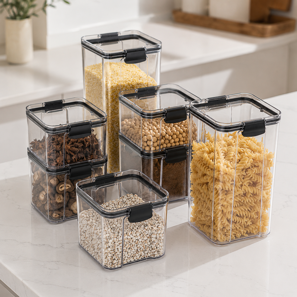 Clear Stackable Food Storage Container with Lids in a nice bright kitchen.
