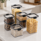 Clear Stackable Food Storage Container with Lids in a nice bright kitchen.