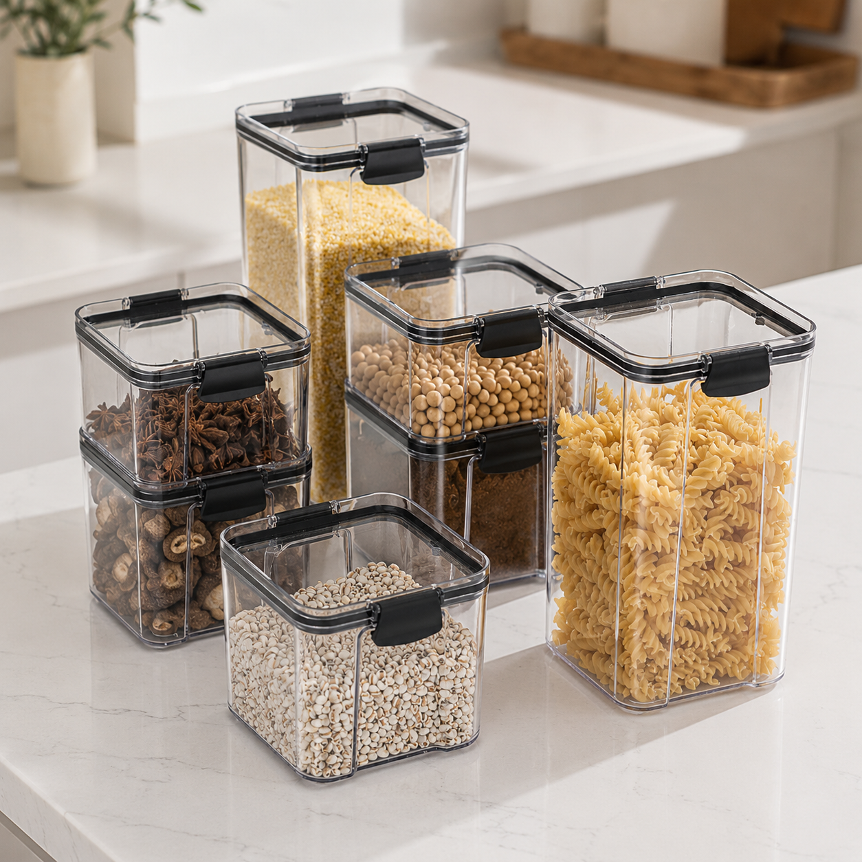 Clear Stackable Food Storage Container with Lids in a nice bright kitchen.