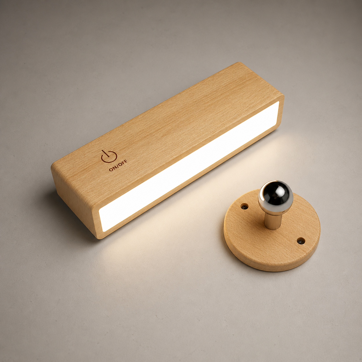 Wooden light fixture with a bulb on a neutral background