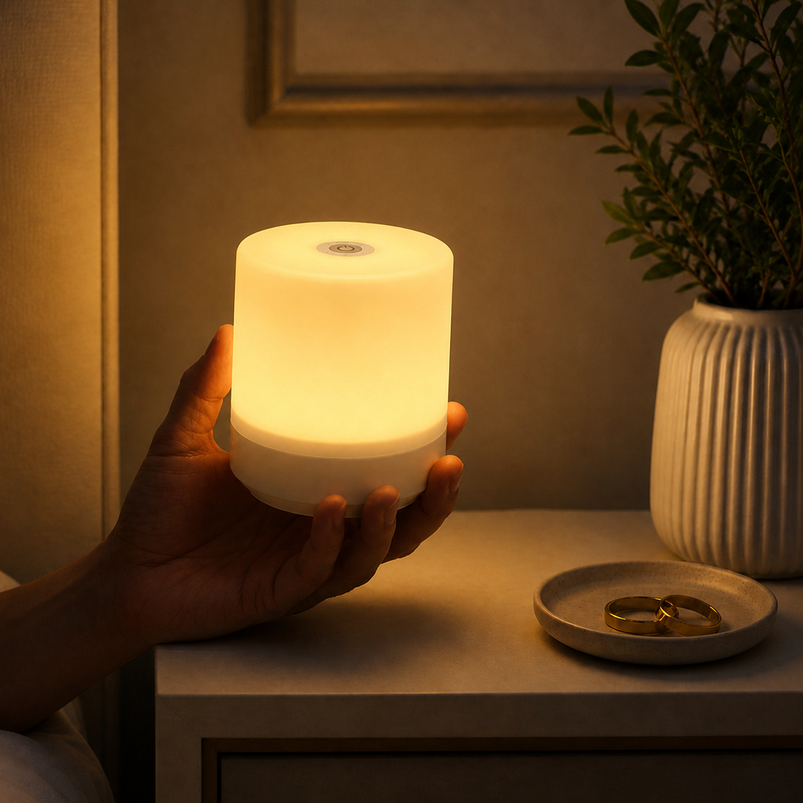 Hand holding a glowing night light on a bedside table with a plant and jewelry dish in the background.