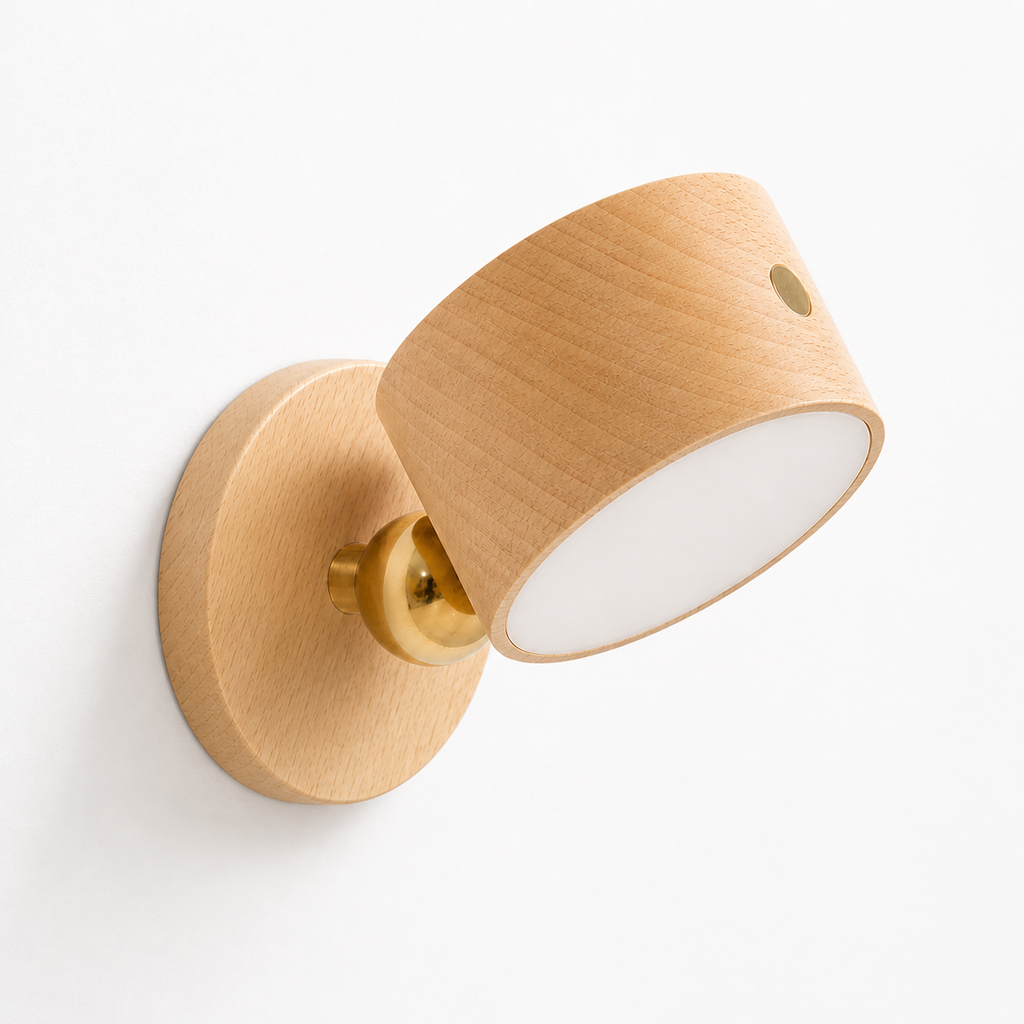 Wooden wall sconce with a white interior on a light gray background