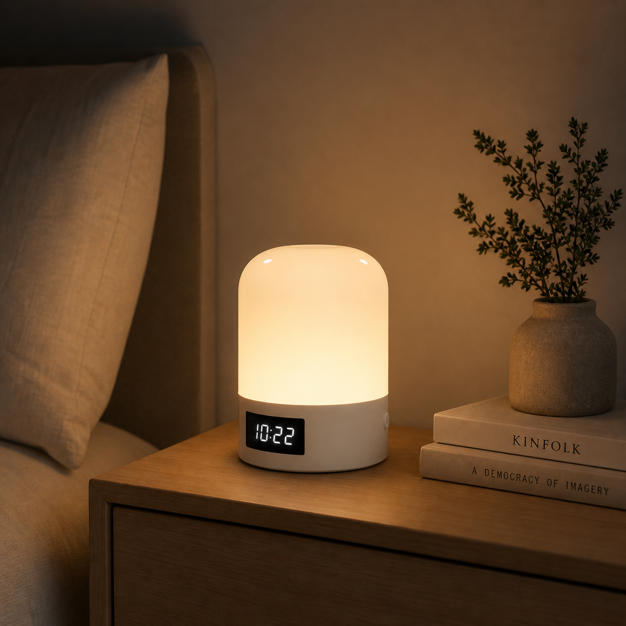 Lamp on a bedside table with books and a plant in the background