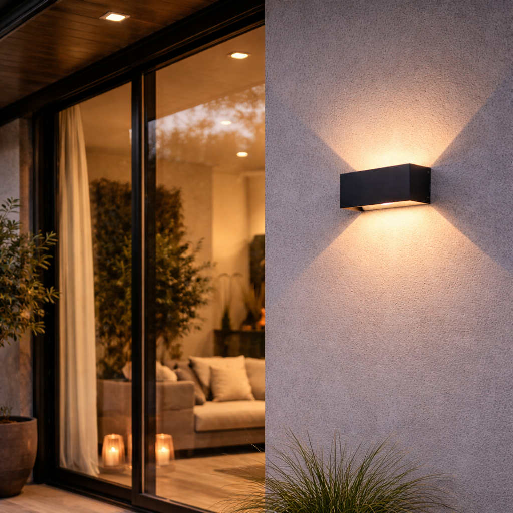 Modern outdoor wall light fixture on a concrete wall with a patio and living room interior.