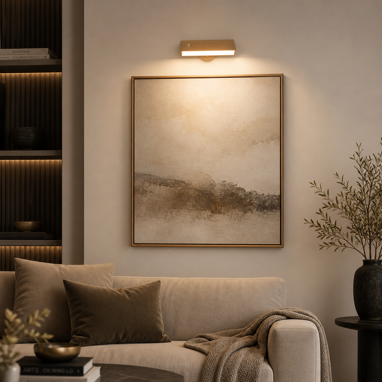 Living room with a framed artwork on the wall, sofa, and decorative elements.