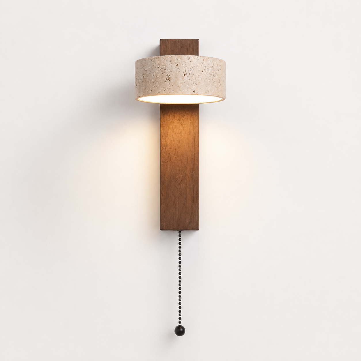 Stone & Wood Wall Sconce – Natural Cave Stone LED Wall Light with Pull Chain Foryuni