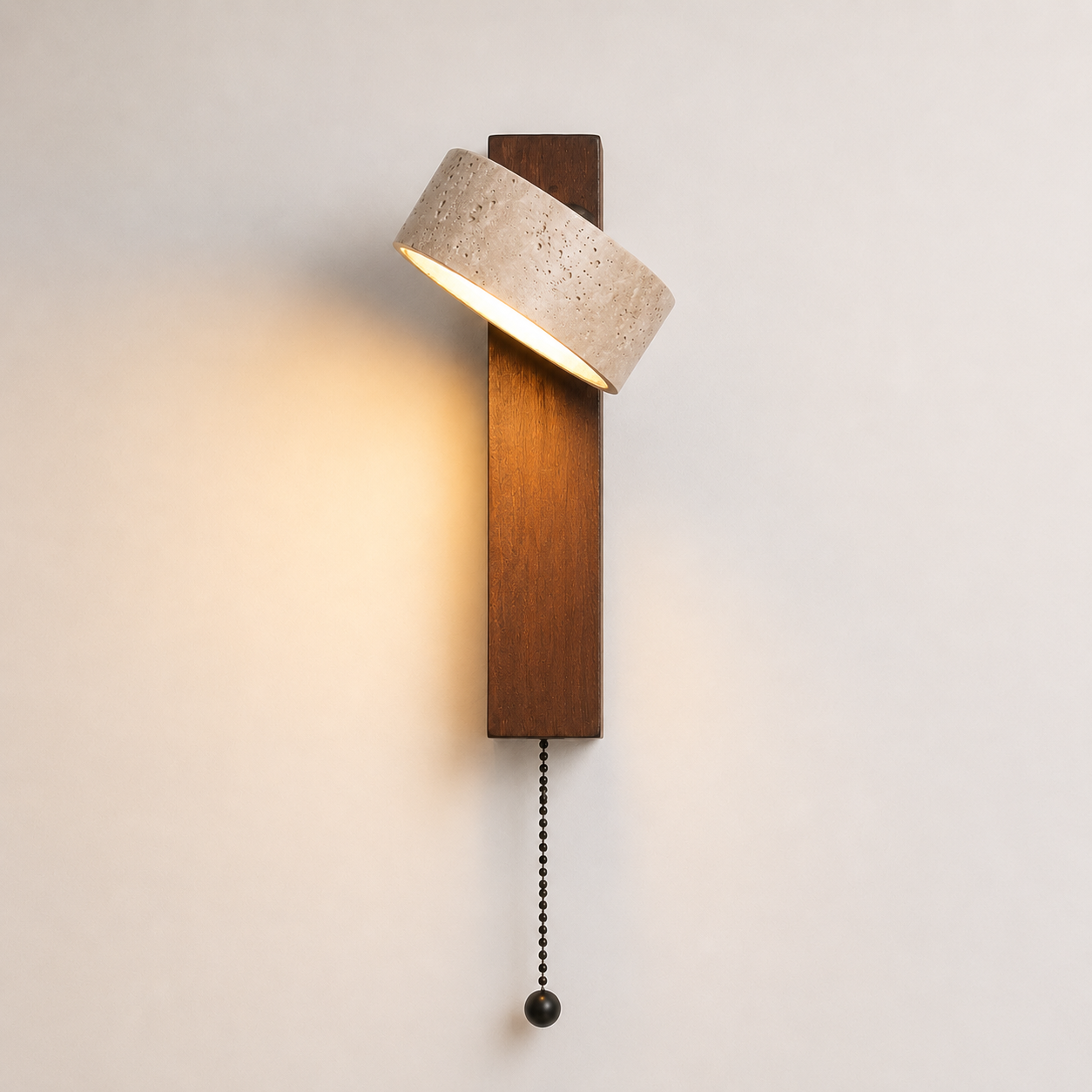 Stone & Wood Wall Sconce – Natural Cave Stone LED Wall Light with Pull Chain Foryuni