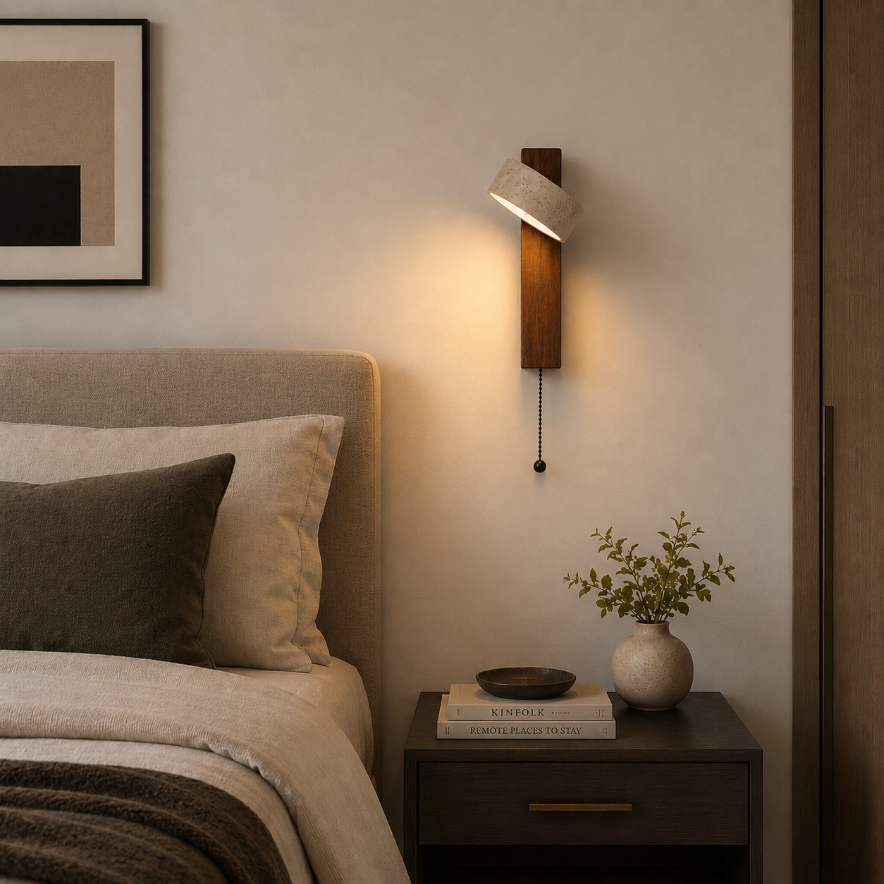 Stone & Wood Wall Sconce – Natural Cave Stone LED Wall Light with Pull Chain Foryuni