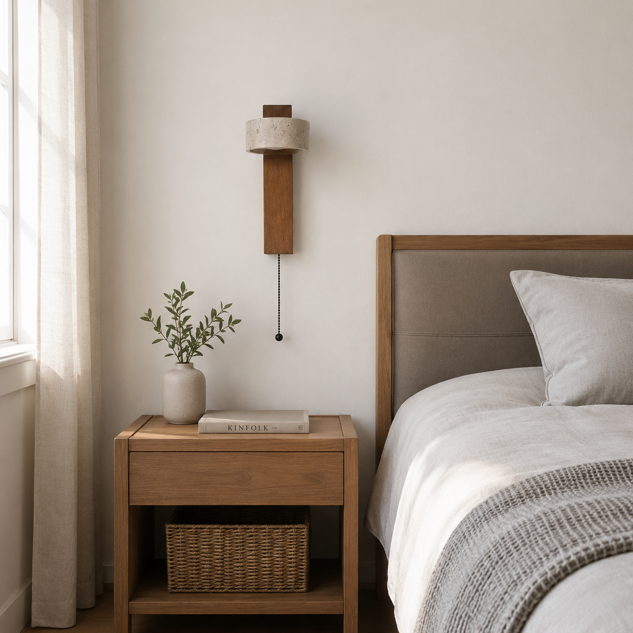 Stone & Wood Wall Sconce – Natural Cave Stone LED Wall Light with Pull Chain Foryuni