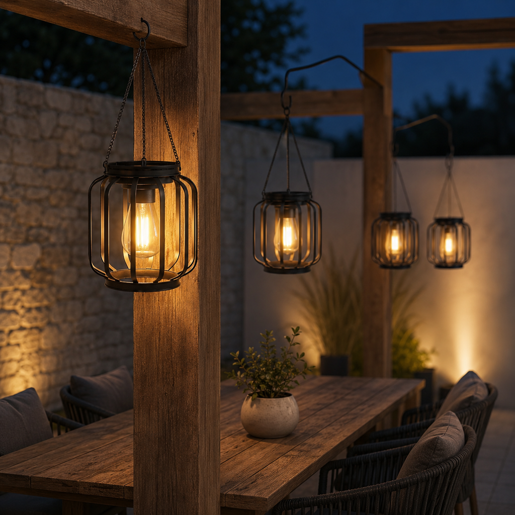 Outdoor setting with hanging lanterns illuminating a wooden table and chairs.
