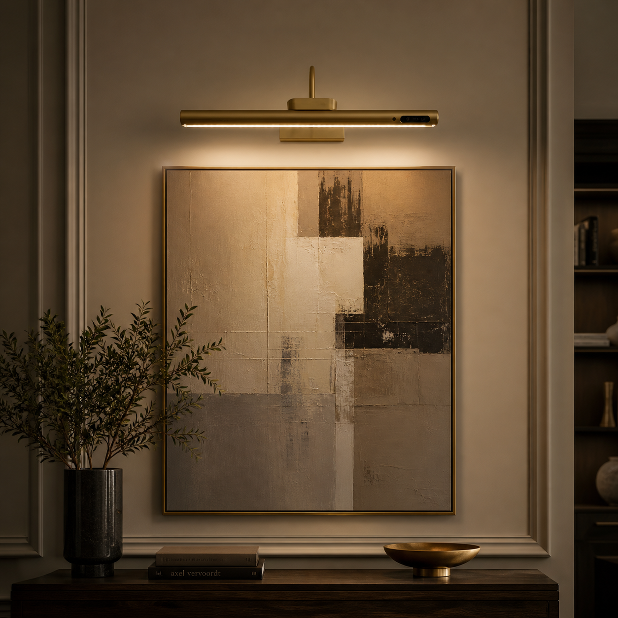 Gold Picture Light with Remote – Rechargeable Wireless Wall Art Light, Dimmable 3 Color Temperatures Foryuni