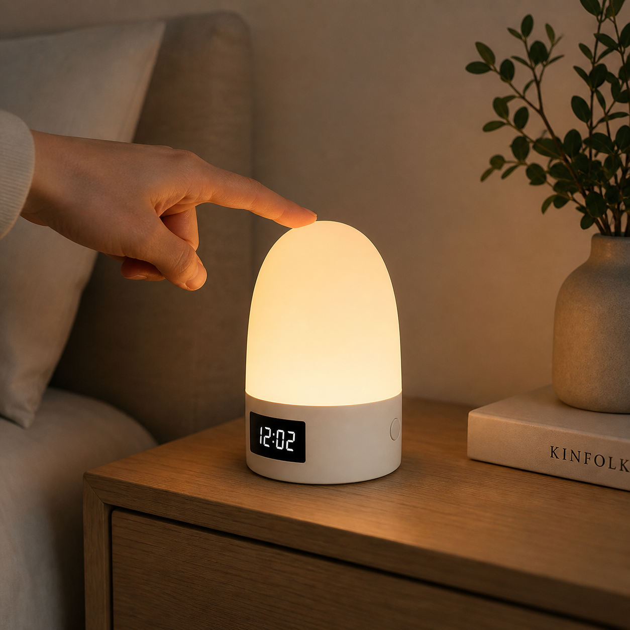 Hand pressing a night light with a digital clock on a bedside table.