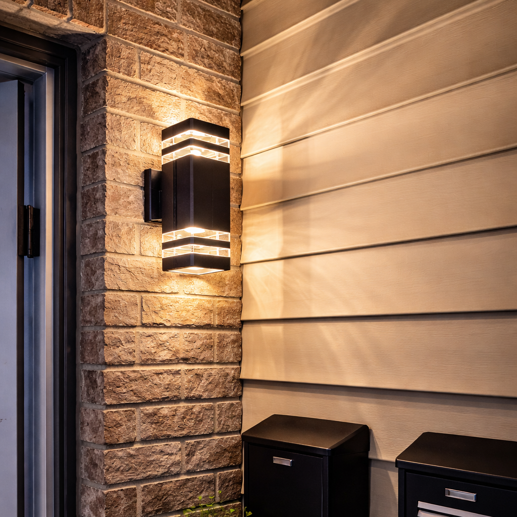 Outdoor wall lighting fixture on a stone wall with a plant and mailboxes below.