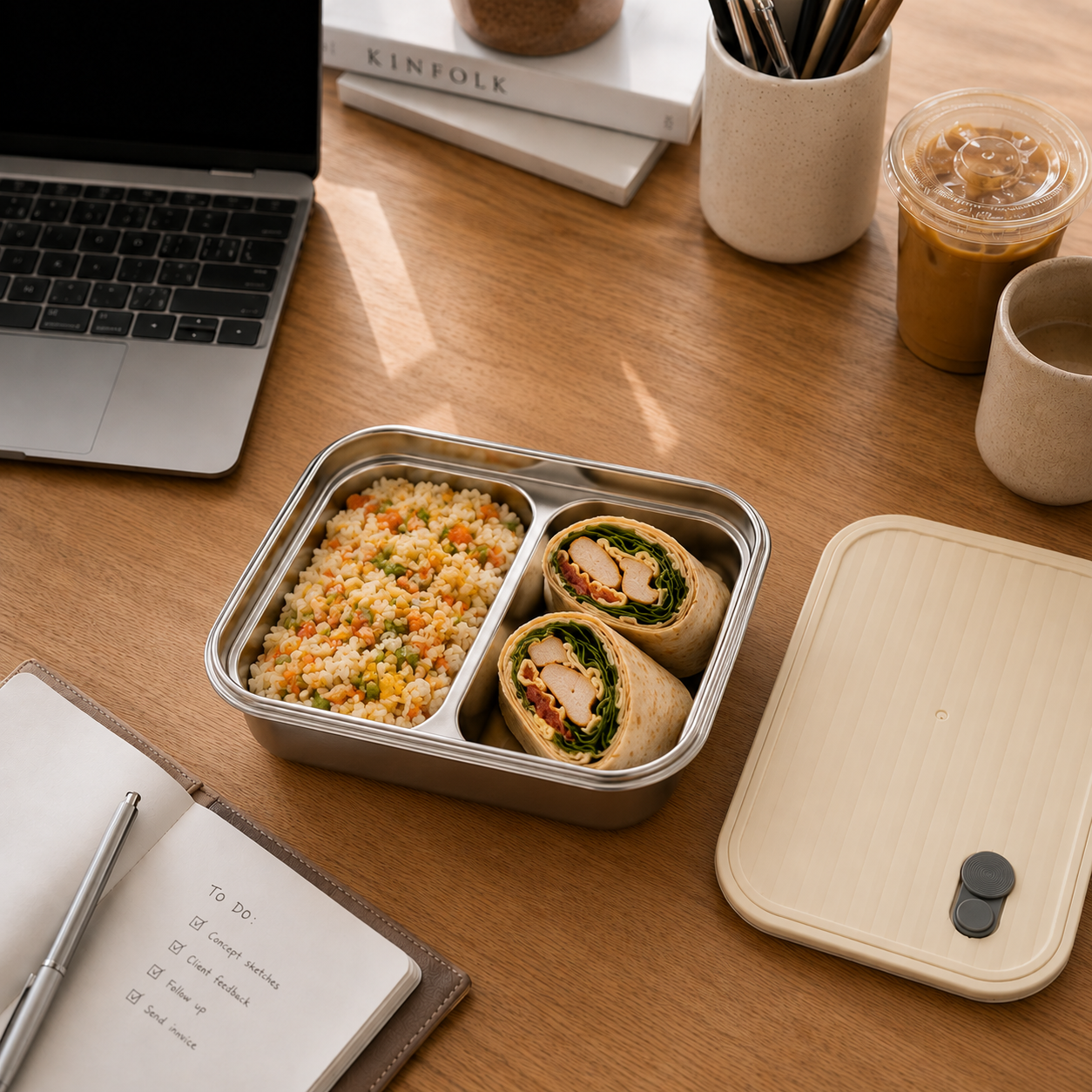 Lunchbox with compartments on a wooden desk with a laptop, books, and drinks.